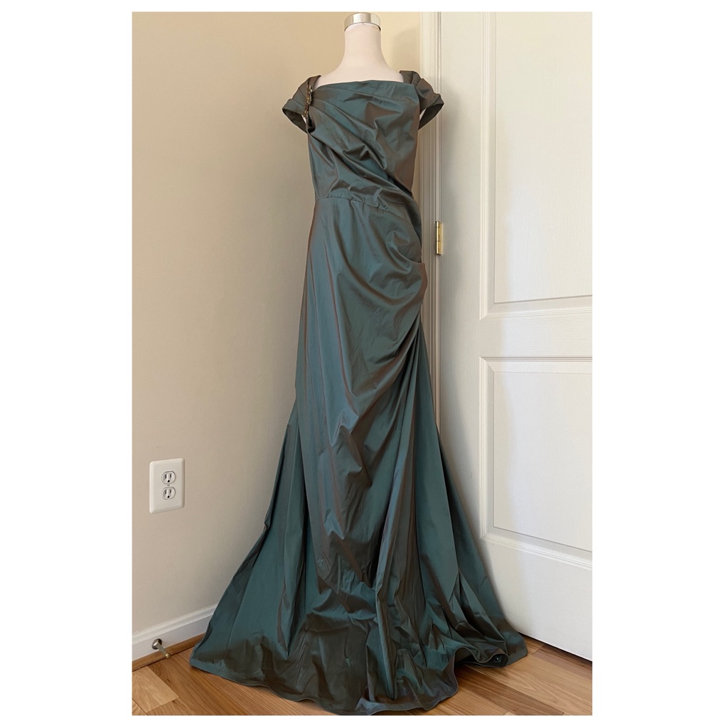 Tadashi Shoji Elegant Draped Off-Shoulder Evening Gown In Teal Green